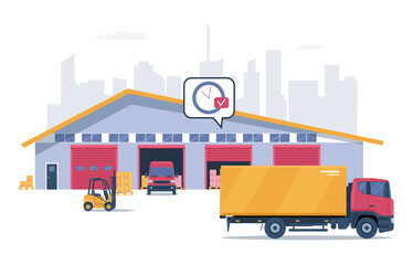 Concept illustration of a warehouse quickly processing cargo. Vector illustration.