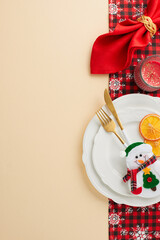 Experience the magic of our Christmas table styling. Top view vertical flat lay of snowman,...