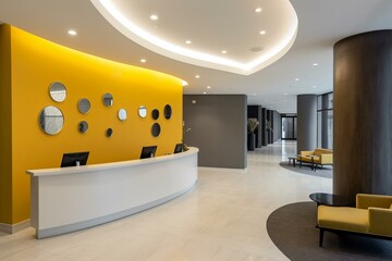 Spacious reception area with bright walls. Generative AI