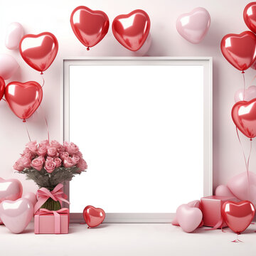 Framing border with romantic ornament with balloon, rose and gift are  arranged around empty picture frame on white background backdrop and copy space. Png and transparent mock up for Valentine's Day.