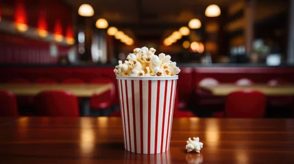 Fotobehang a striped red and white bucket of popcorn stands against the backdrop of a cinema hall, movie, food, day off, snack, fun, entertainment, pack, corn, fast food, film, cafe, lights, treat, bag, party © Julia Zarubina