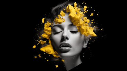  A 3D rendered explosion of a lady's face, fragmented into abstract shards of black and yellow.