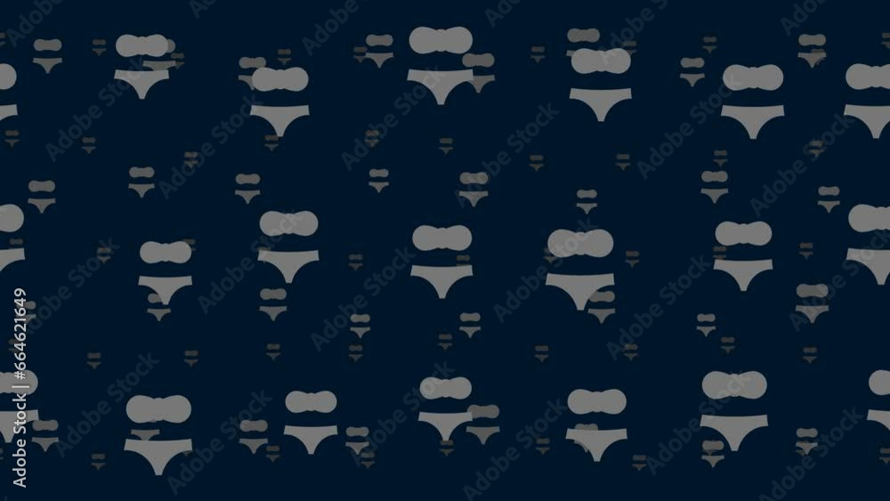Poster Bikini symbols float horizontally from left to right. Parallax fly effect. Floating symbols are located randomly. Seamless looped 4k animation on dark blue background