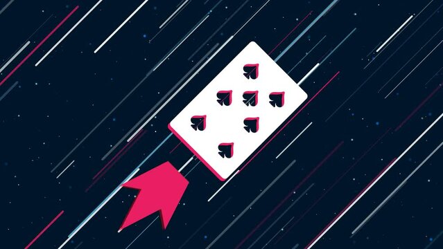 Seven of spades playing card flies through the universe on a jet propulsion. The symbol in the center is shaking due to high speed. Seamless looped 4k animation on dark blue background with stars