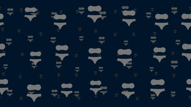 Bikini symbols float horizontally from left to right. Parallax fly effect. Floating symbols are located randomly. Seamless looped 4k animation on dark blue background
