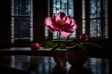 flower in a vase, A solitary pink petaled flower on the table, bathed in the soft glow of a moonlit night