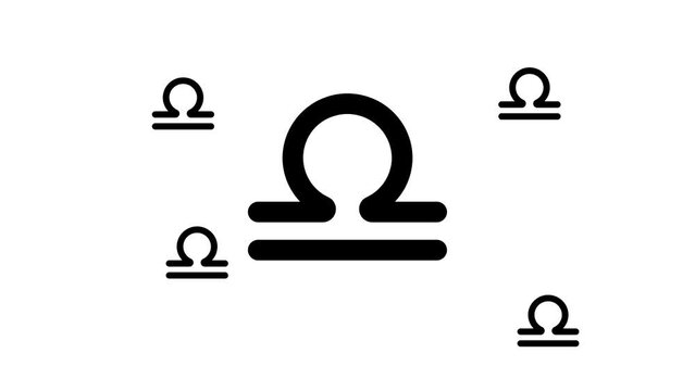 Zoom in and out animation the zodiac libra symbol. Large black symbol in the center and four small symbols around. Seamless looped 4k animation on white background