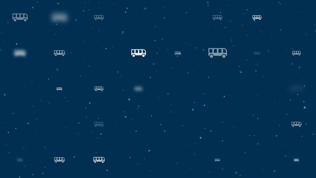 Template animation of evenly spaced bus symbols of different sizes and opacity. Animation of transparency and size. Seamless looped 4k animation on dark blue background with stars