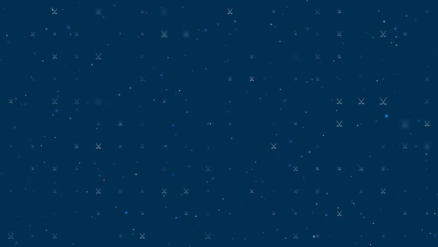 Template animation of evenly spaced hockey symbols of different sizes and opacity. Animation of transparency and size. Seamless looped 4k animation on dark blue background with stars