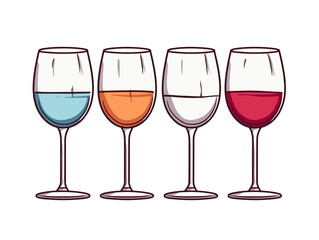 Doodle Four Cups of Wine, cartoon sticker, sketch, vector, Illustration, minimalistic