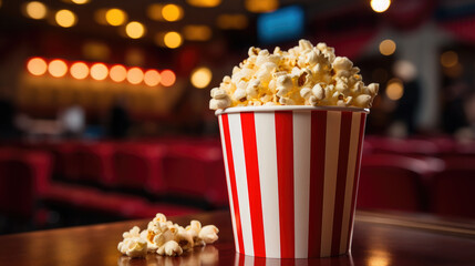 a striped red and white bucket of popcorn stands against the backdrop of a cinema hall, movie, food, day off, snack, fun, entertainment, pack, corn, fast food, film, cafe, lights, treat, bag, party