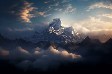 Nepal's majestic Himalayas tower over clouds. Generative AI