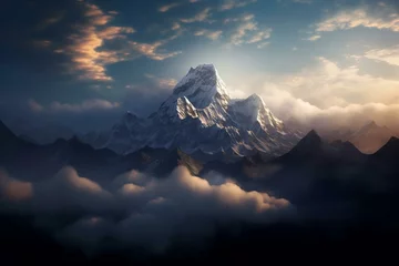 Papier Peint photo autocollant Noir Nepal's majestic Himalayas tower over clouds. Generative AI
