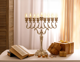 Jewish religious holiday Hanukkah with holiday Hanukkah (traditional candelabra), tallit, gift boxes, wooden dreidels (spinning top), chocolate coins on wood background