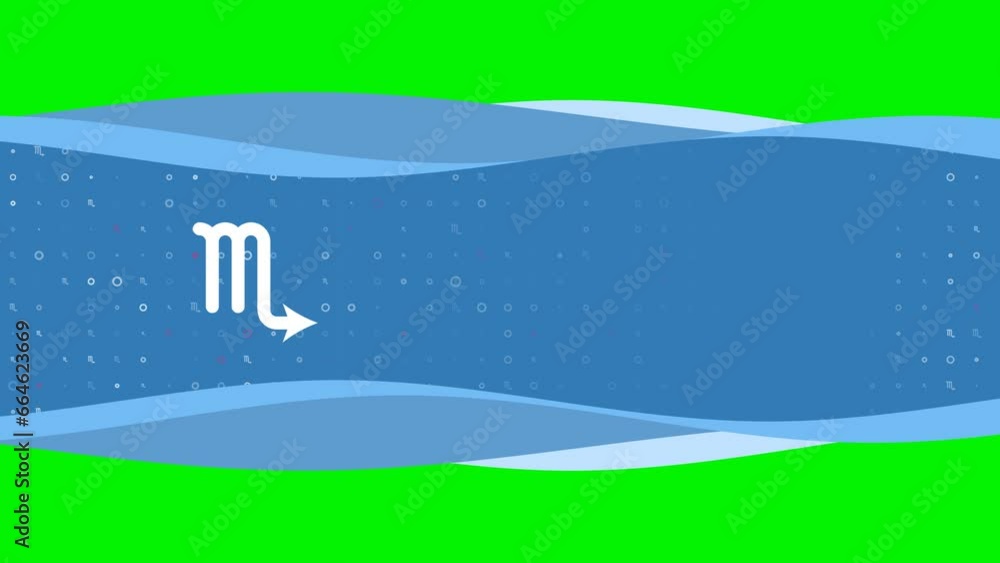 Poster animation of blue banner waves movement with white zodiac scorpio symbol on the left. on the backgro