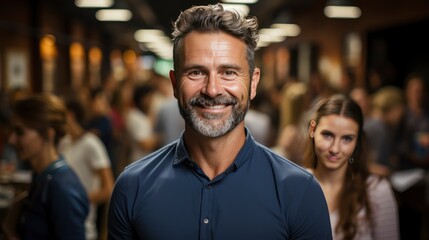 Smiling man in crowd, emanating confidence amid bustle.