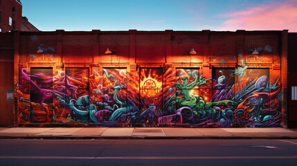 graffiti mural on a red brick wall in Brooklyn, vibrant colors, complex design, tags and throw - ups, New York vibe