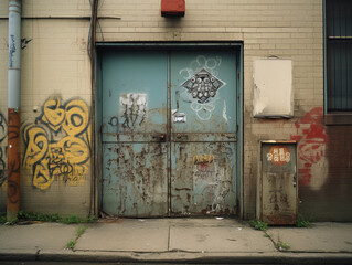 Sticker art and stencils on a metal door in an alley, grunge texture, subdued color palette