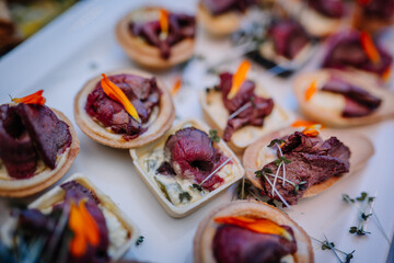 Elevate your party with gourmet beef snacks like mini sliders, beef crostini. Close up, soft focus.