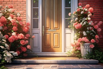 Front Door with Pink and White Flowers