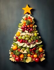 Christmas tree with fruits and vegetables on an isolated grey bacground