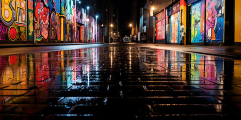 wall of colorful wheatpaste street art, reflections in puddles after rain, neon signs from nearby...