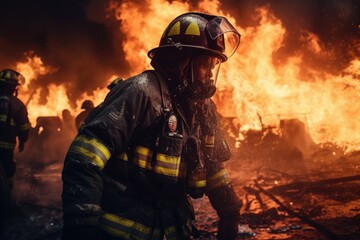 Naklejka premium Firefighter Standing in Front of Fire