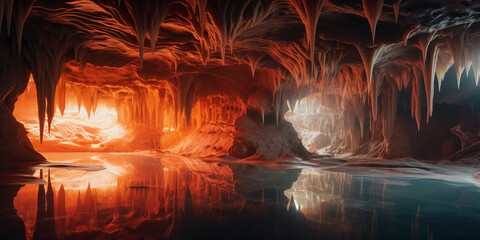 Underground thermal spring, dark cave illuminated by the eerie glow from the water, stalactites and stalagmites - obrazy, fototapety, plakaty