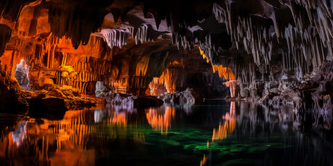 Underground thermal spring, dark cave illuminated by the eerie glow from the water, stalactites and stalagmites