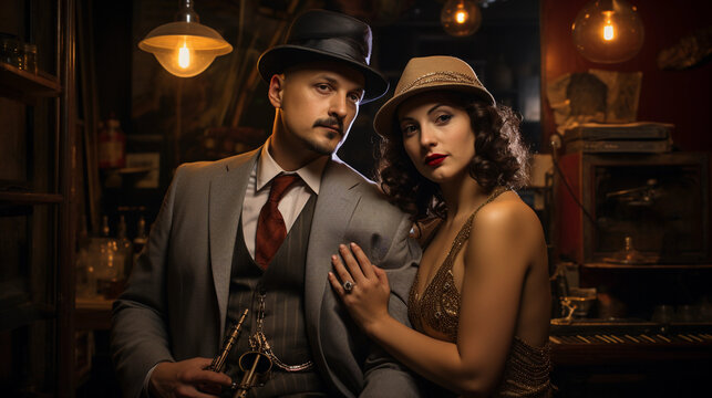 Underground Speakeasy: 1920s aesthetic, smoky atmosphere, jazz musicians, dim lighting, flapper dresses, lavish décor, secret passage