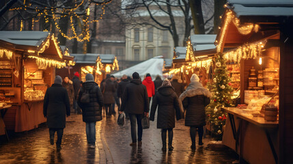 People enjoying a Christmas Market by walking in the street and standing near stalls