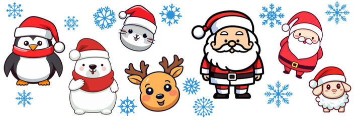 Fototapeta premium Vector Set Collection of Cute Christmas Cartoon Characters to Enhance Your Merry Christmas and Happy New Year, Making Winter Holidays Joyful for Kids - isolated on transparent background, png