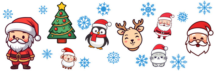 Fototapeta premium Bring Joy to Your Merry Christmas and Happy New Year with our Vector Set Collection of Cute Christmas Cartoon Characters, Ideal for Kids’ Winter Holiday - isolated on transparent background, png