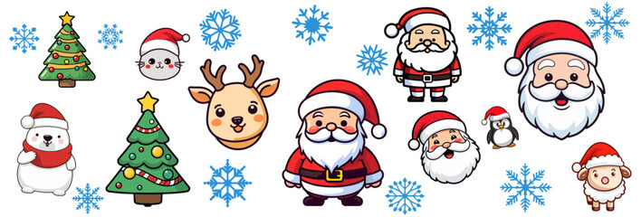 Obraz na płótnie Canvas Vector Set Collection of Cute Christmas Cartoon Characters for a More Merry Christmas and Happy New Year, Enriching the Winter Holiday for Kids - isolated on transparent background, png