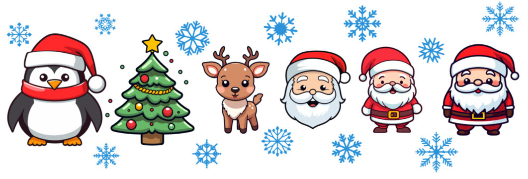 Celebrate a Merry Christmas and Happy New Year with our Cute Christmas Cartoon Characters Vector Set Collection, A Winter Holiday Gift for Kids - isolated on transparent background, png
