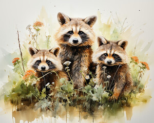 Playful Raccoons in Meadow - obrazy, fototapety, plakaty