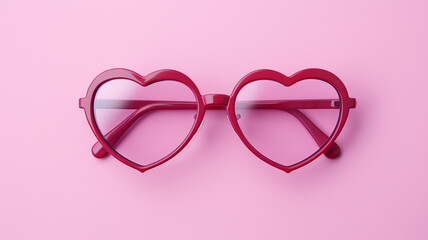 Różowe okulary w kształcie serca na różowym tle - obrazy, fototapety, plakaty