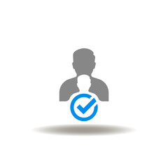 Vector illustration of men group and check mark. Icon of nearshoring. Symbol of person candidate check. Sign of mentoring.