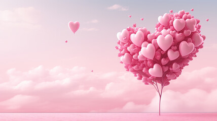 Drzewo składające się z różowych balonów w kształcie serc - obrazy, fototapety, plakaty