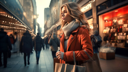 Portrait of sad attractive young blond woman in red coat visiting traditional Christmas fair in European city - obrazy, fototapety, plakaty