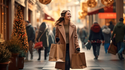 Happy young woman in beige coat with bags visiting traditional Christmas fair in European city