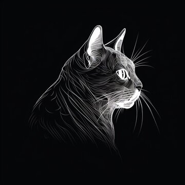 Simple cat white outline drawing picture black background