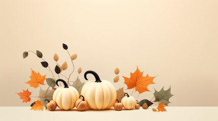 Naklejka na ściany i meble A bunch of pumpkins and leaves in the style of minimalist. Template for Happy Halloween banner with autumn elements