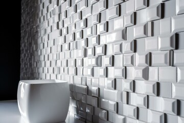 3D polished tiles forming a mosaic wall with semi-gloss rectangular bricks stacked to create a concrete block background. Generative AI