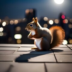 A heroic squirrel with a tiny cape and a mask, standing on a city rooftop with the moon in the background1 - obrazy, fototapety, plakaty