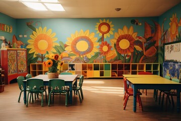 Spacious Classroom preschool. Nursery interior toy. Generate Ai