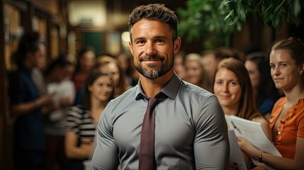 Smiling man in crowd, emanating confidence amid bustle.