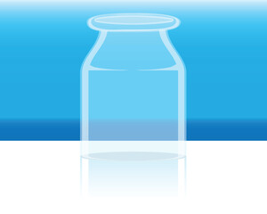 vector design of a clear bottle placed on a white table with a shadow effect and there is a bright blue sky and sea behind it