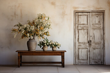 An old door and a table with flowers in vases.