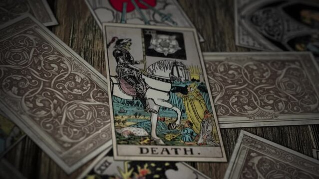 Viborg, Denmark - July 16, 2015. Mysterious Witchcraft Calls Upon Death Card For Forecasting Of Changes In Future. Predicting Future By Mysterious Witchcraft. Mysterious Witchcraft Future Divination